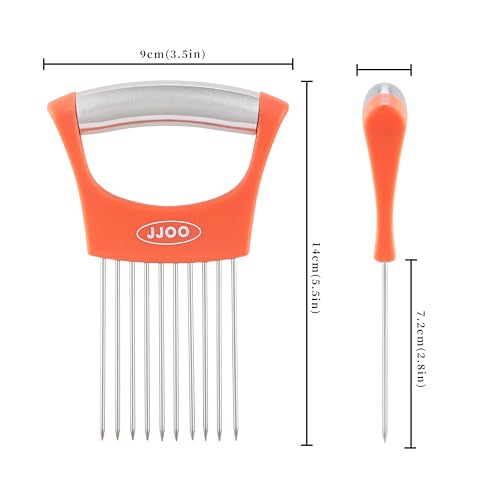 JJOO 2PCS Onion Slicer Holder, JJOO Stainless Steel Onion Cutter for Slicing and Storage Onions, Tomato, Eggs and Vegetables, Protective Cover Included, Dishwasher Safe (Stylish orange+ Purple Color) - Image 2
