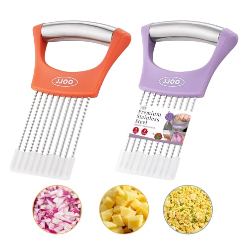JJOO 2PCS Onion Slicer Holder, JJOO Stainless Steel Onion Cutter for Slicing and Storage Onions, Tomato, Eggs and Vegetables, Protective Cover Included, Dishwasher Safe (Stylish orange+ Purple Color) - Image 1