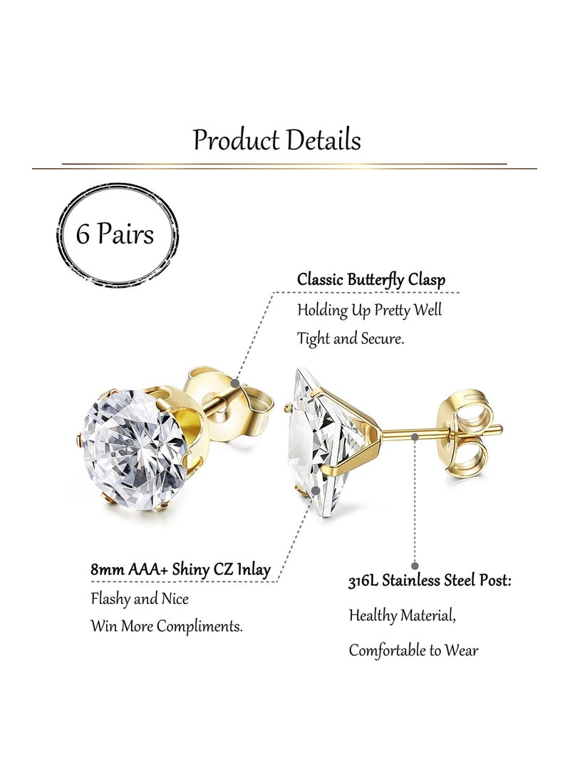 Zikra 6 Pairs Stainless Steel Stud Earrings for Men Silver Gold Black Round Square Earrings Inlaid Cubic Zirconia - Image 2