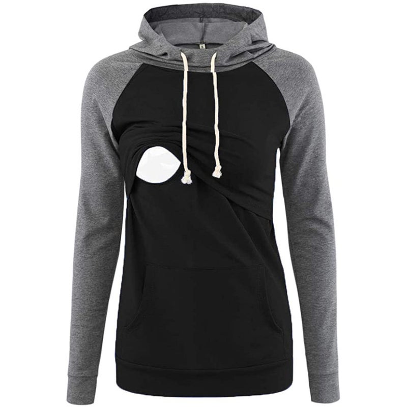 2022 autumn and winter European and American pregnant women hooded long sleeve color matching nursing top sweater Pink - Image 4