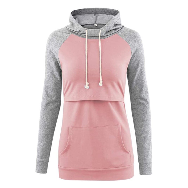 2022 autumn and winter European and American pregnant women hooded long sleeve color matching nursing top sweater Pink - Image 1