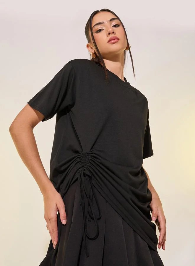 Take Two Women Black Oversized Round Neck T-Shirt with Drawstring Detail