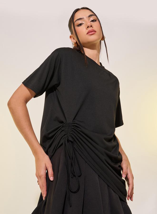 Take Two Women Black Oversized Round Neck T-Shirt with Drawstring Detail - Image 3