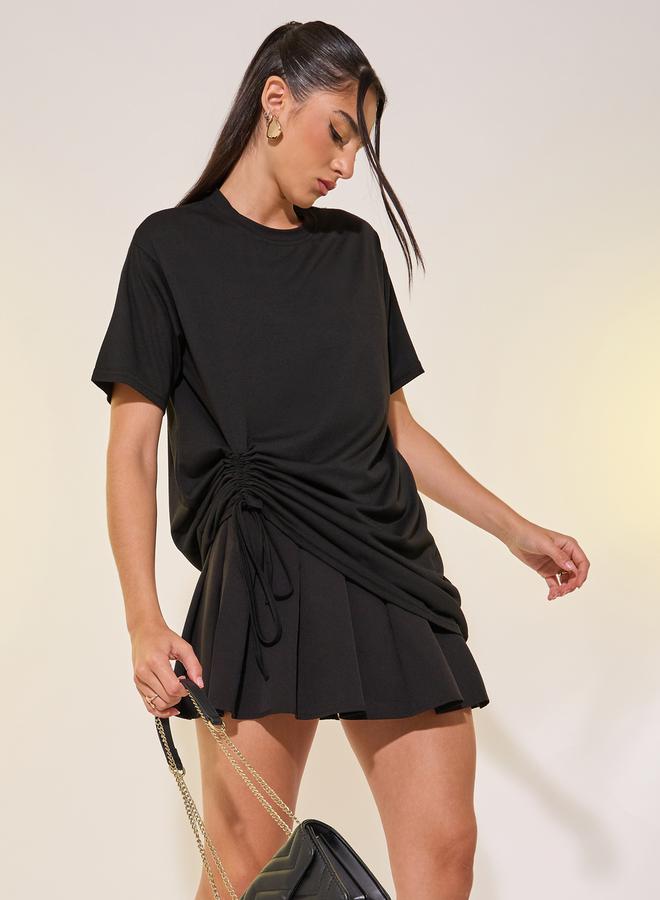 Take Two Women Black Oversized Round Neck T-Shirt with Drawstring Detail - Image 1