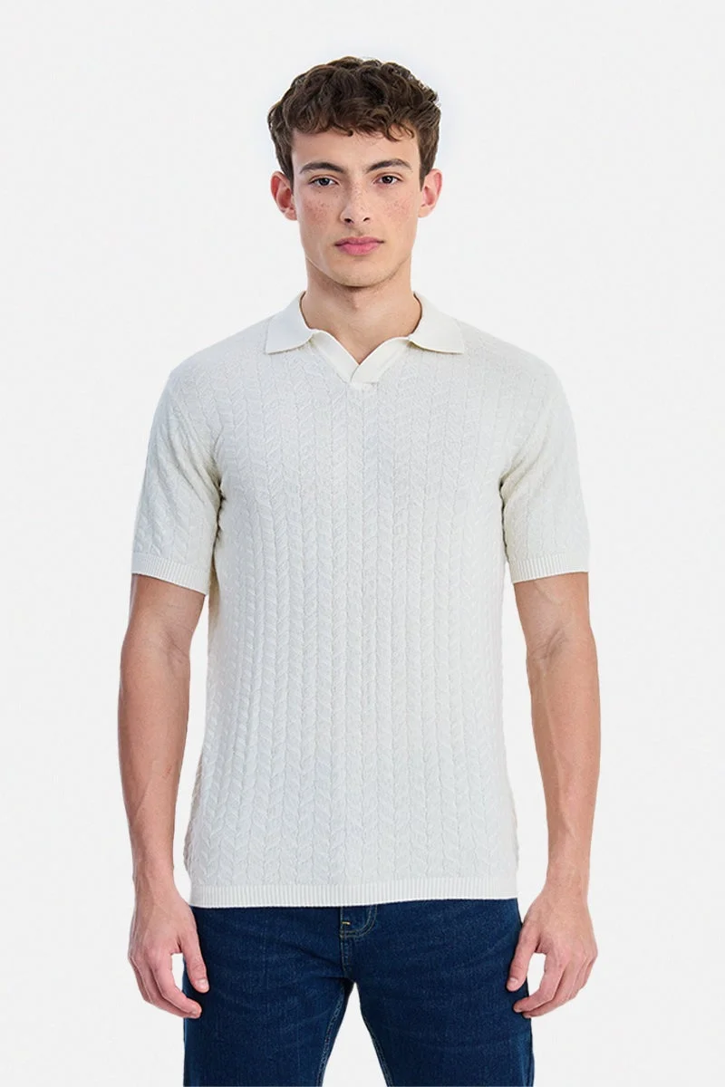 SNITCH Off-White Textured Half Sleeve Regular Fit T-Shirt