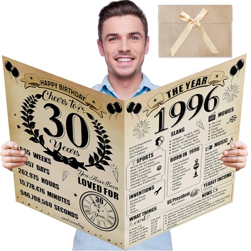 Uiorgui Large 30th Birthday Cards for Men Women, Vintage 1996 Happy 30th Birthday Greeting Card with Envelope Jumbo Thirty Guest Book Cheers to 30 Years Decorations Gifts Party Supplies - Image 1