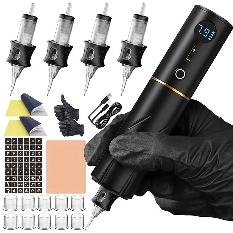 Black Complete Tattoo Set with 4 Advanced Tattoo Needles and Various Tattoo Accessories for Beginners and Artists - Image 1