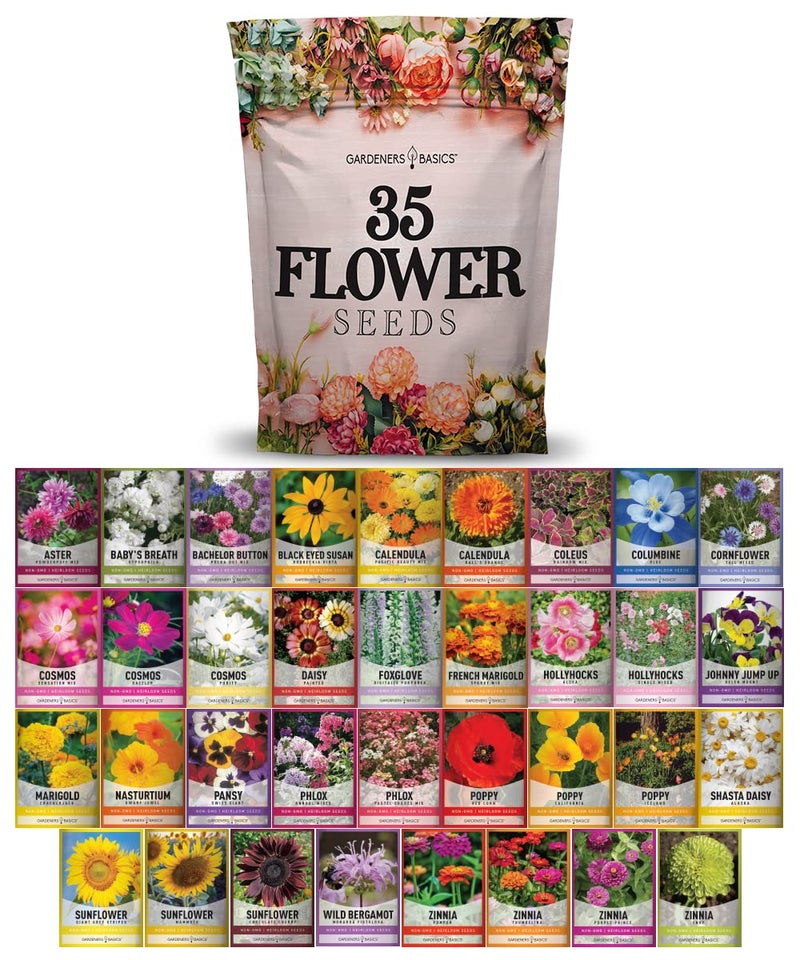 Gardeners Basics أساسيات البستانيين، عبوات بذور الزهور للزراعة 35 نوعًا فرديًا من الزهور المعمرة، السنوية، وبذور الزهور البرية للزراعة في الهواء الطلق للنحل والفراشات - بذور زهور جميلة - Image 1