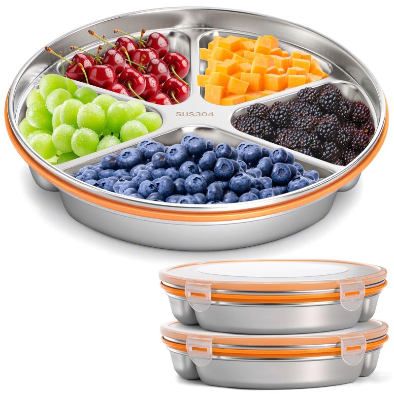Youeon 2 Pack Stainless Steel Divided Serving Tray with Lid, 5 Compartments Round Veggie Tray Snack Box, Reusable Sectioned Food Storage Container for Meal Prep, Party, Entertaining - Image 1
