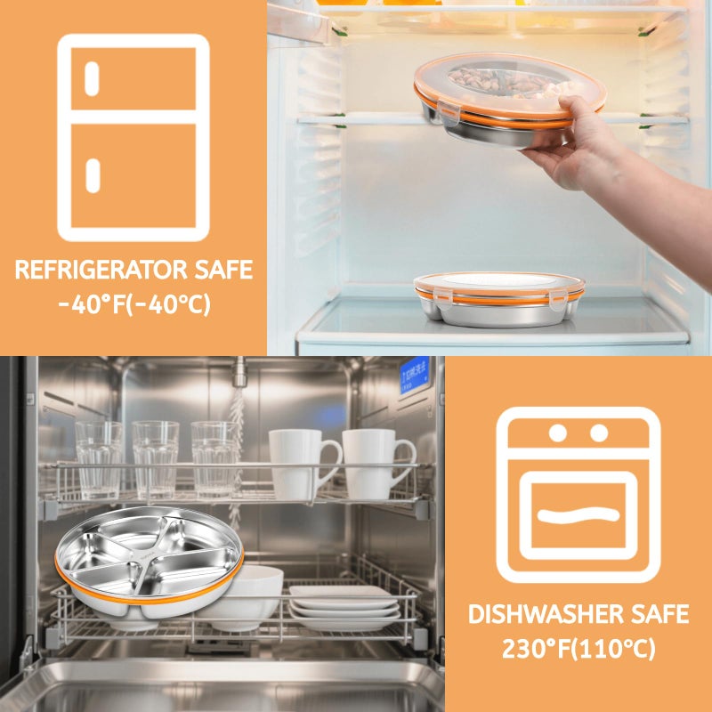 Youeon 2 Pack Stainless Steel Divided Serving Tray with Lid, 5 Compartments Round Veggie Tray Snack Box, Reusable Sectioned Food Storage Container for Meal Prep, Party, Entertaining - Image 5