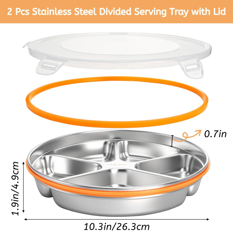 Youeon 2 Pack Stainless Steel Divided Serving Tray with Lid, 5 Compartments Round Veggie Tray Snack Box, Reusable Sectioned Food Storage Container for Meal Prep, Party, Entertaining - Image 2