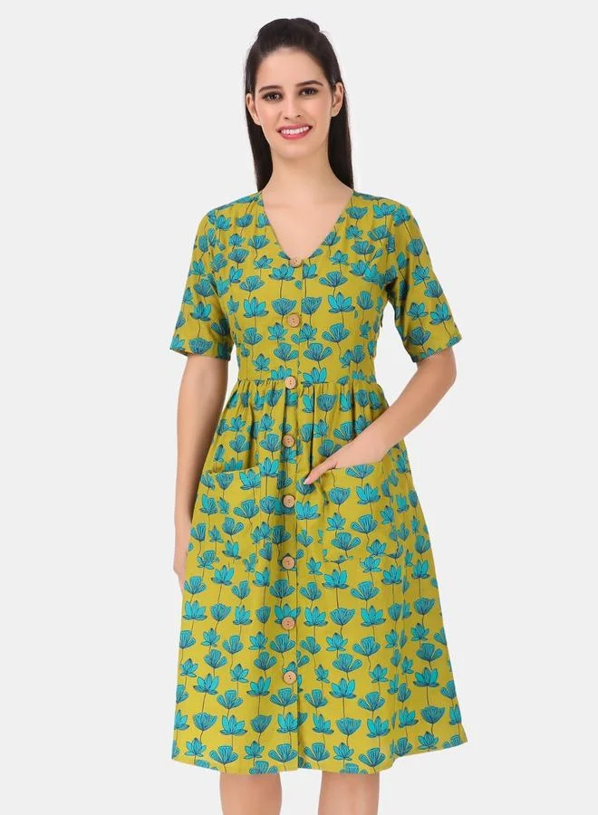 House Of Raeli Green A-Line Floral Knee-Length Dress with Pockets