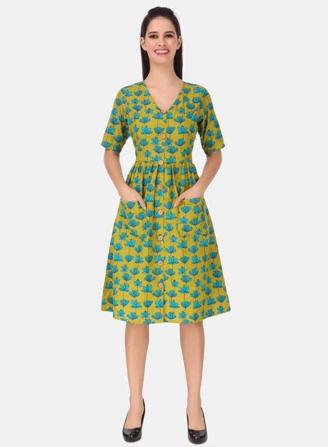 House Of Raeli Green A-Line Floral Knee-Length Dress with Pockets