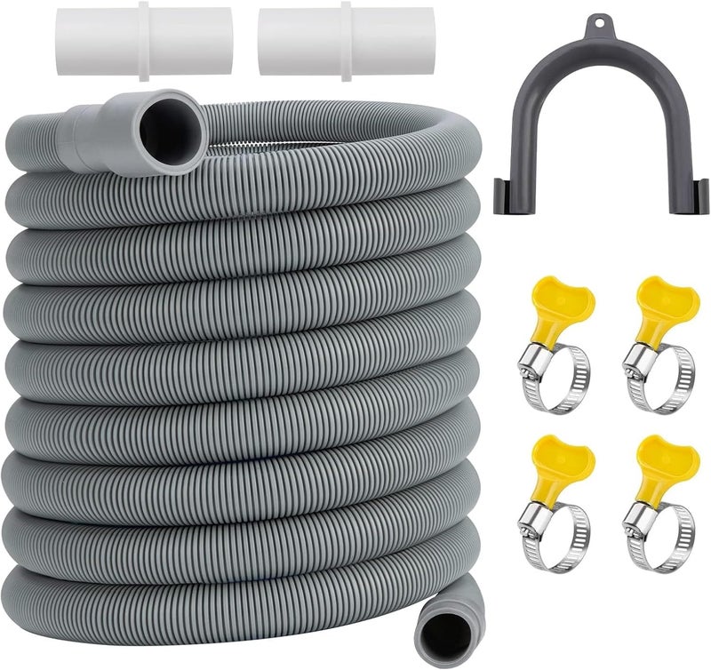 Lonimia Universal Drain Hose Extension Kit, 10ft, Grey, PP Material, Fits 1-1/2 Inch Outlets, 2pcs Receiver + 1pcs U-hanger + 4pcs Fixing Clamps - Image 1