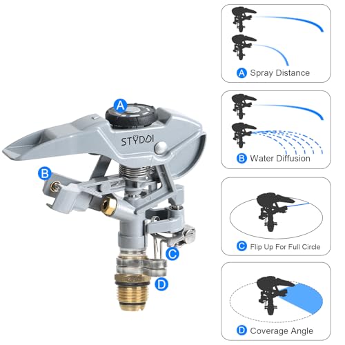 STYDDI Metal Impact Sprinkler Head, Zinc-Alloy Pulsating Water Sprinkler Head with 1/2" NPT Thread, Metal Adjustable Circle Pattern Impulse Sprinkler Head for Lawn, Yard, Garden, 20' - 43' Spray Radiu - Image 4
