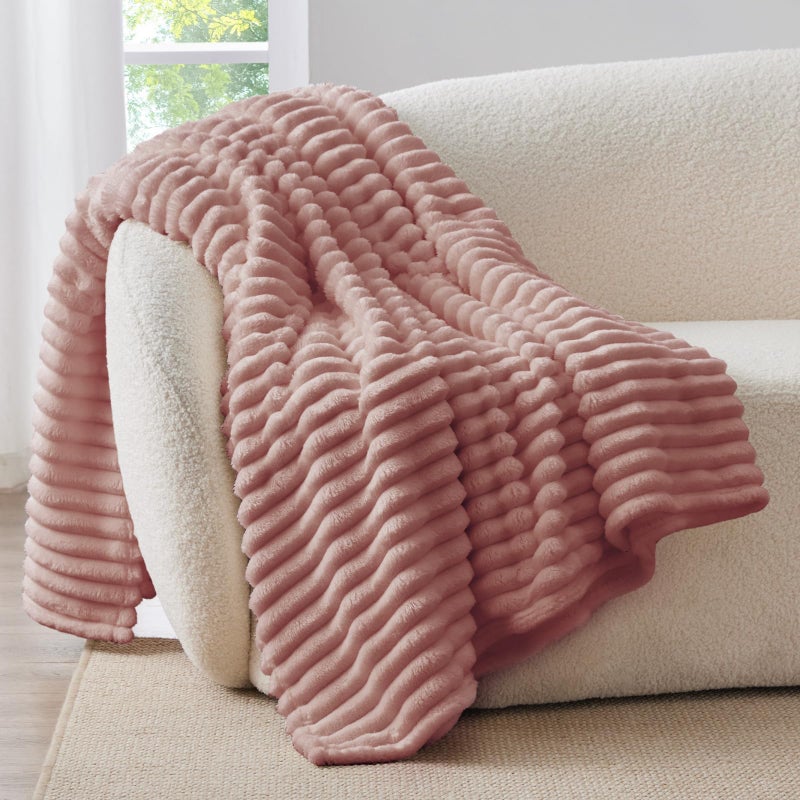 BEDELITE Fleece Throw Blanket for Couch - 300GSM Soft & Warm Fluffy Dusty Pink Blanket, Decorative and Giftable Striped Blankets for Women, Men, 50"x60" - Image 3