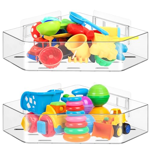 MAKIOTEKO 2 Pack Acrylic Corner Shower Caddy, Adhesive Shower Organizer Bathroom Organizer Shelves Bath Toy Holder Storage for Bathroom - Image 2