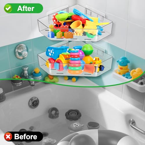 MAKIOTEKO 2 Pack Acrylic Corner Shower Caddy, Adhesive Shower Organizer Bathroom Organizer Shelves Bath Toy Holder Storage for Bathroom - Image 5