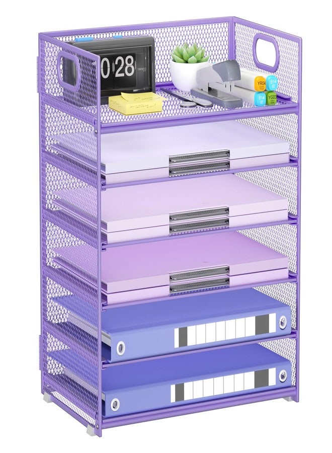 Kinkota Purple Paper Organizer for Desk with Handle, 6-Tier Metal Mesh File Organizer | Stackable Desktop Organizer for Office Supplies & Stationery Storage - Image 1