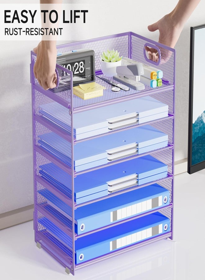 Kinkota Purple Paper Organizer for Desk with Handle, 6-Tier Metal Mesh File Organizer | Stackable Desktop Organizer for Office Supplies & Stationery Storage - Image 4