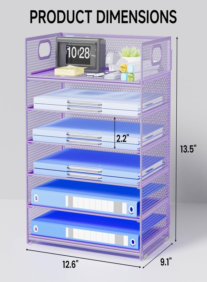 Kinkota Purple Paper Organizer for Desk with Handle, 6-Tier Metal Mesh File Organizer | Stackable Desktop Organizer for Office Supplies & Stationery Storage - Image 2