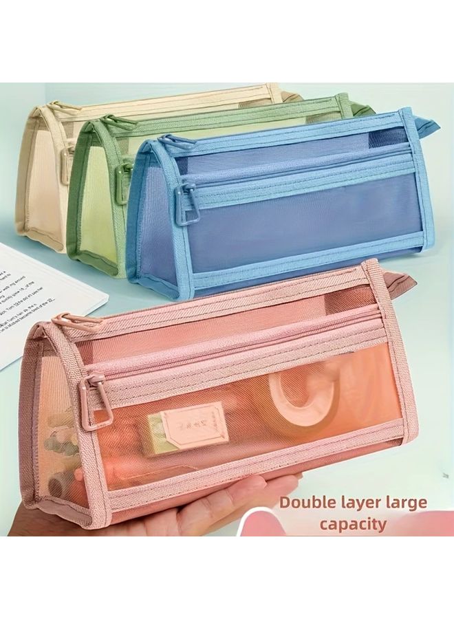 Morandi Green Grid Pen Bag Double Layer Transparent Zipper Handbag Durable Student Stationery Storage - Image 3