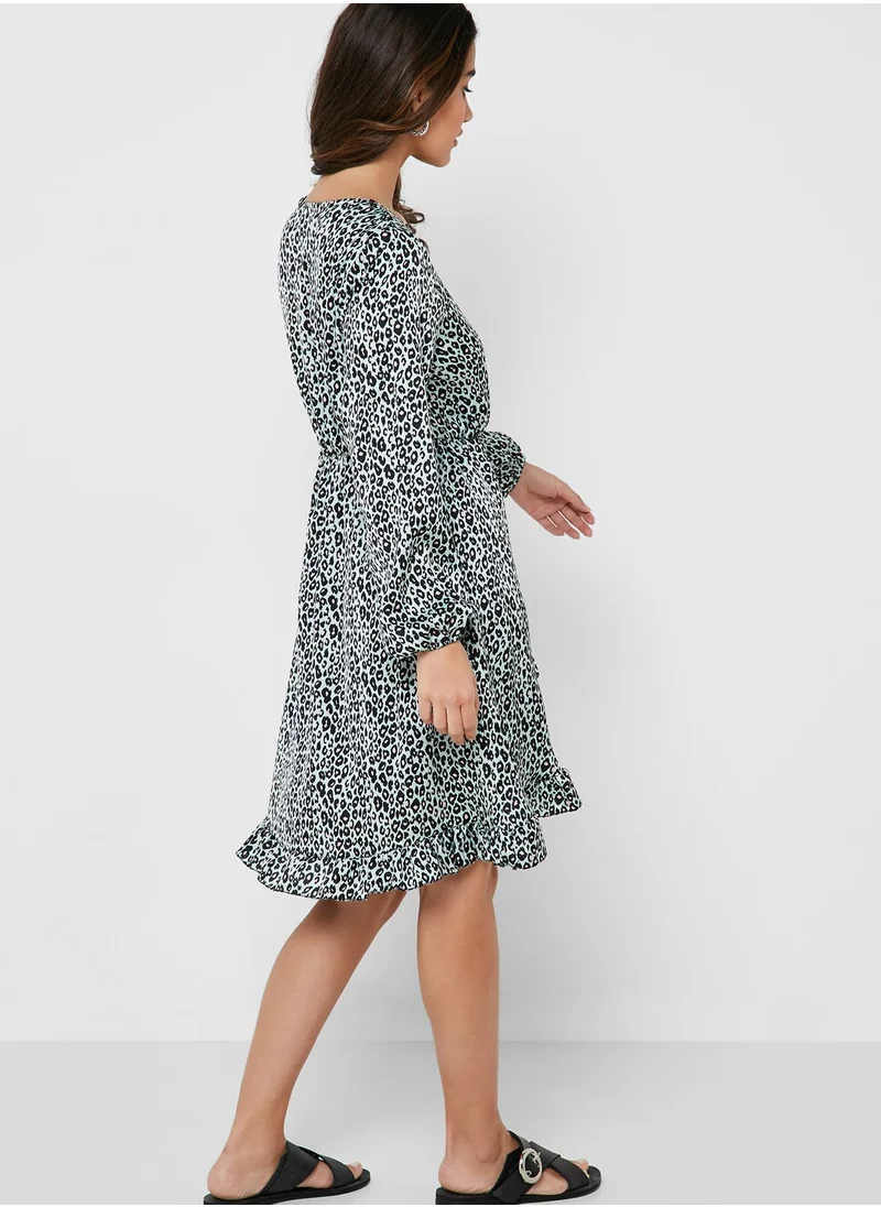 ELLA Leopard Print Wrap Front Ruffle Trim Midi Dress