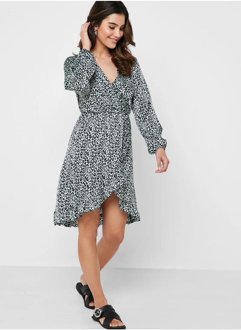 ELLA Leopard Print Wrap Front Ruffle Trim Midi Dress