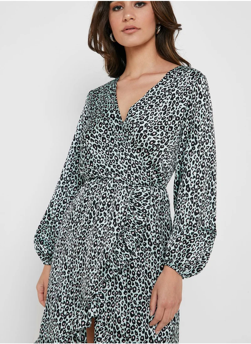 ELLA Leopard Print Wrap Front Ruffle Trim Midi Dress