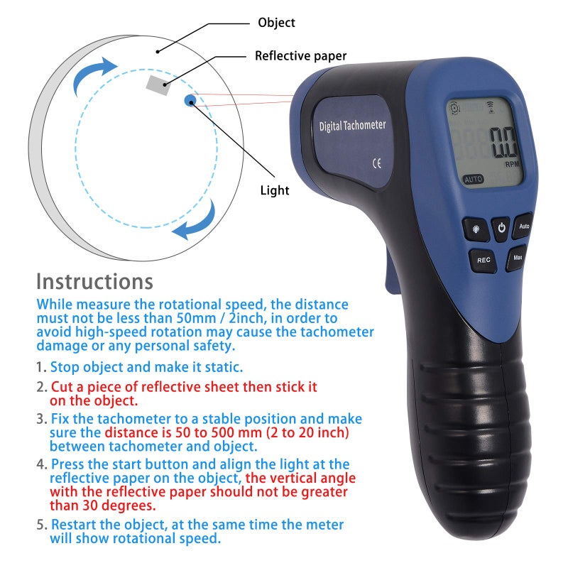 EHDIS Digital LCD Photo Tachometer Non-Contact RPM Meter Motor Speed Gauge Gun Style Includes 10 Reflective Tapes - Image 5