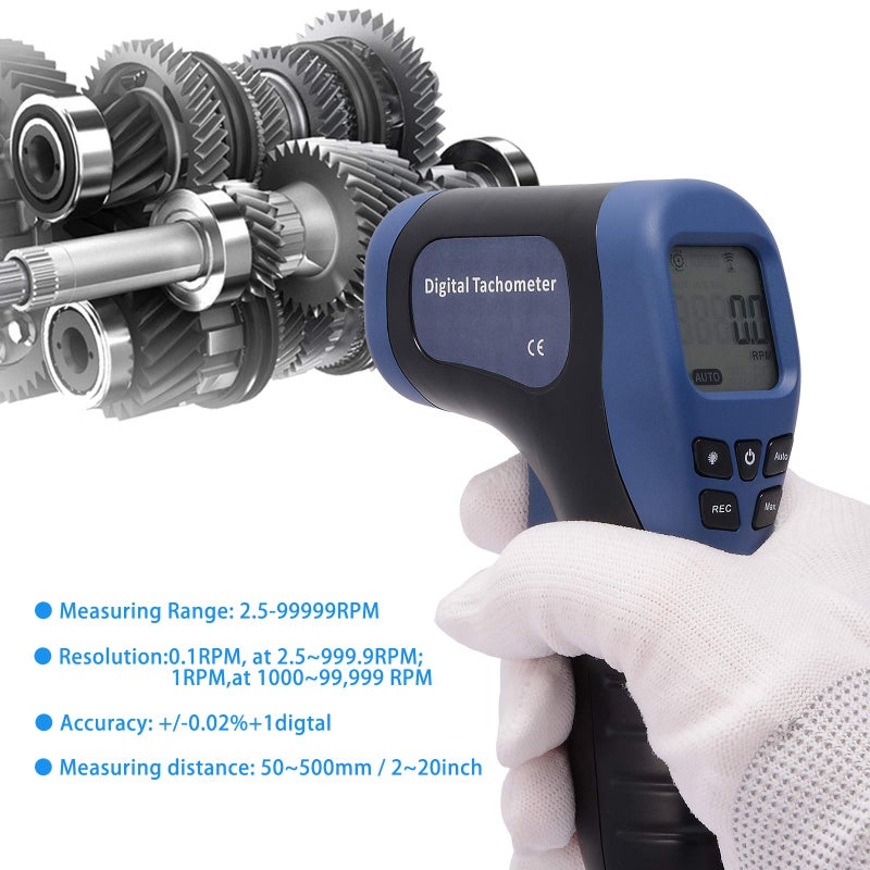 EHDIS Digital LCD Photo Tachometer Non-Contact RPM Meter Motor Speed Gauge Gun Style Includes 10 Reflective Tapes - Image 4
