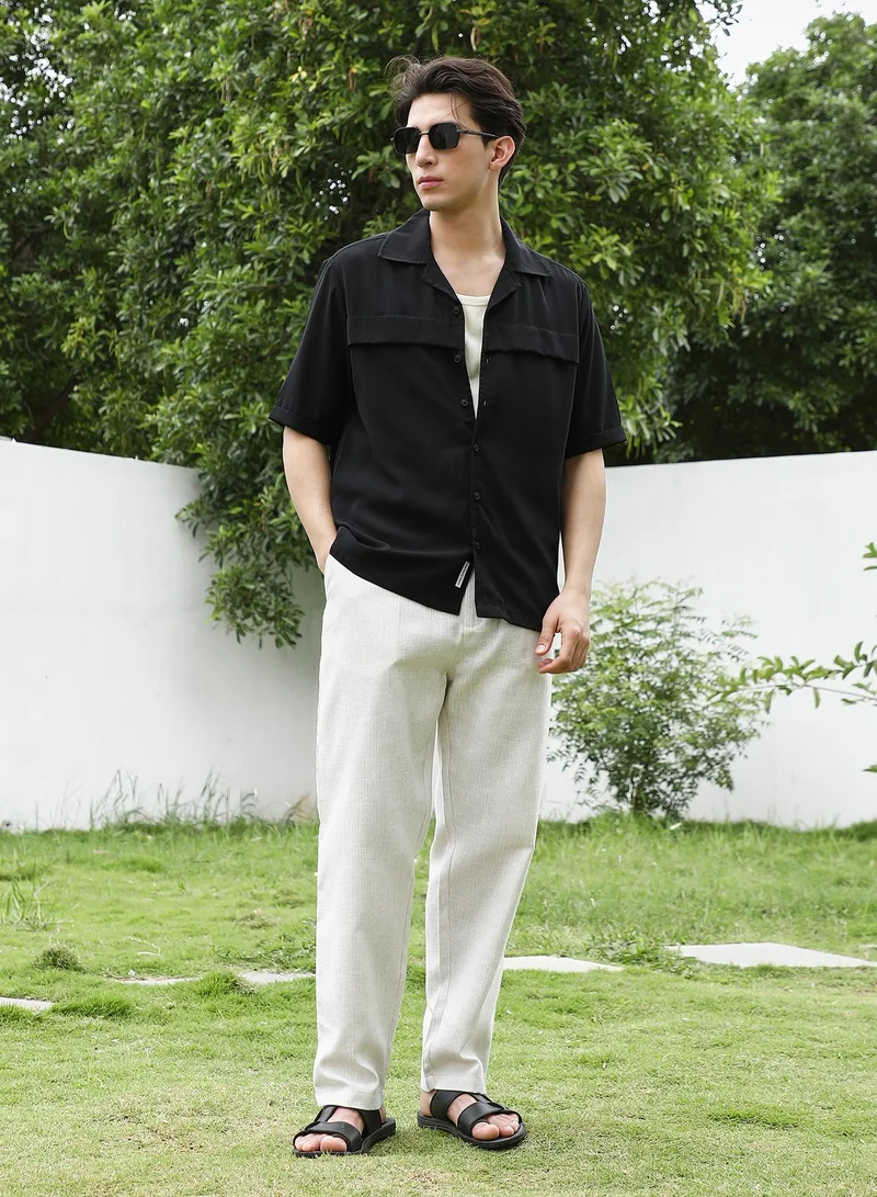 Campus Sutra Men's Black Cuban Collar Short Sleeve Shirt