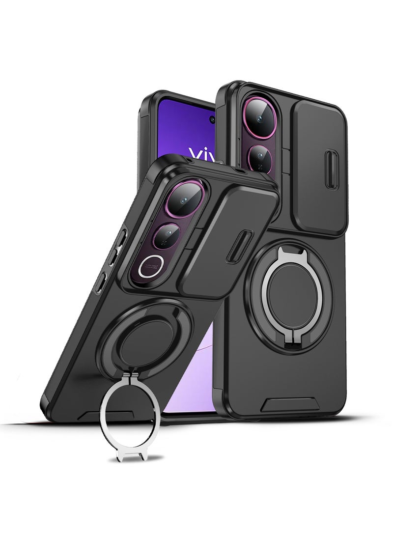عش زي غلاف فيفو V50 lite 5G بغطاء كاميرا منزلق، ملمس ناعم، مغناطيس قوي جداً، حامل حلقة دوارة 360 درجة، حماية ضد الصدمات مع وسائد هوائية بارتفاع خفيف عند الزوايا، أسود، 1 قطعة - Image 1