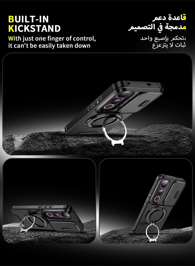 عش زي غلاف فيفو V50 lite 5G بغطاء كاميرا منزلق، ملمس ناعم، مغناطيس قوي جداً، حامل حلقة دوارة 360 درجة، حماية ضد الصدمات مع وسائد هوائية بارتفاع خفيف عند الزوايا، أسود، 1 قطعة - Image 4