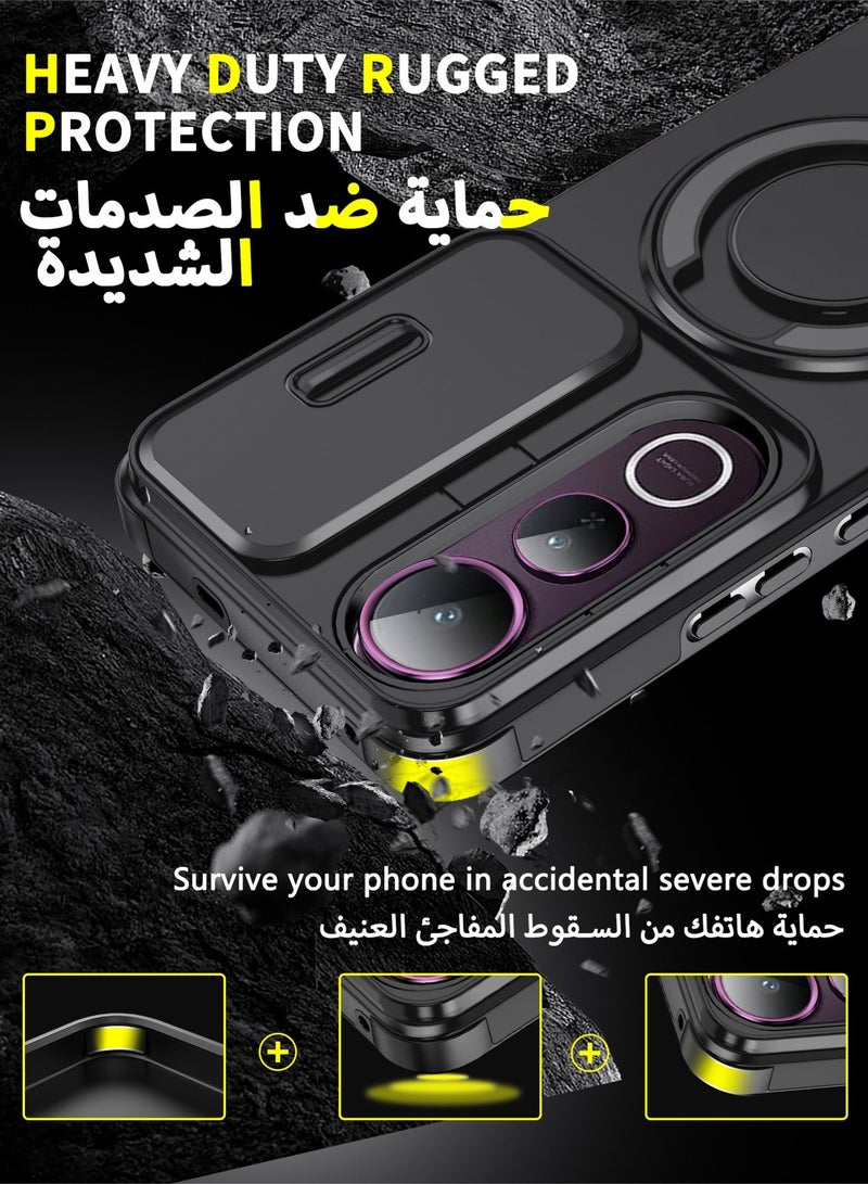 عش زي غلاف فيفو V50 lite 5G بغطاء كاميرا منزلق، ملمس ناعم، مغناطيس قوي جداً، حامل حلقة دوارة 360 درجة، حماية ضد الصدمات مع وسائد هوائية بارتفاع خفيف عند الزوايا، أسود، 1 قطعة - Image 3