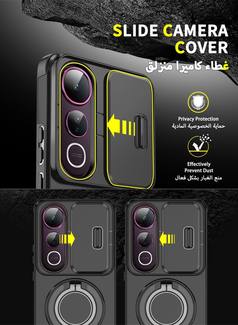 عش زي غلاف فيفو V50 lite 5G بغطاء كاميرا منزلق، ملمس ناعم، مغناطيس قوي جداً، حامل حلقة دوارة 360 درجة، حماية ضد الصدمات مع وسائد هوائية بارتفاع خفيف عند الزوايا، أسود، 1 قطعة - Image 2