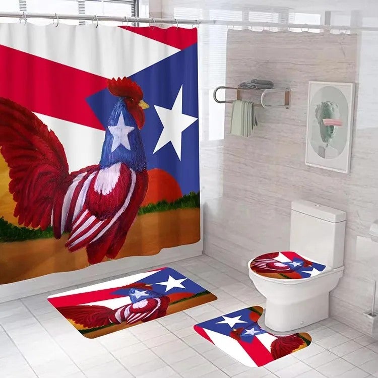 Bluejw 4 Pcs Shower Curtain Sets Puerto Rico Flag Waterproof  Bathroom Set with Non-Slip Rugs Toilet Lid Cover Bath Mat - Image 1