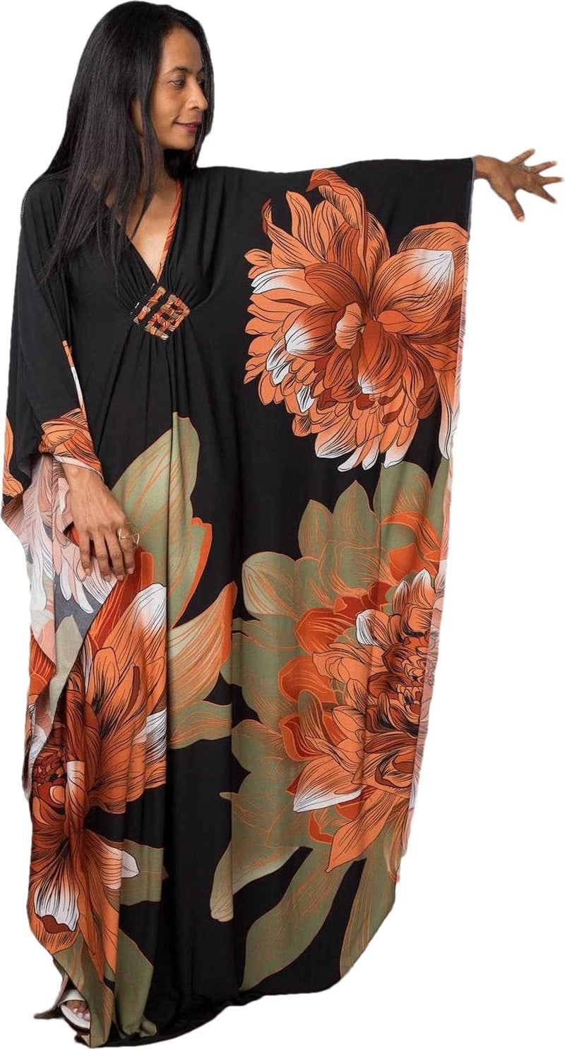 RanRui floral Kaftan Dresses for Women Plus size Beach cover up Caftans Silk kaftans wave neck Batwing sleeve Mrs Roper costume oversized Vneck caftans loungewear Moo Moos Mumu Dresses 8693-34 - Image 1