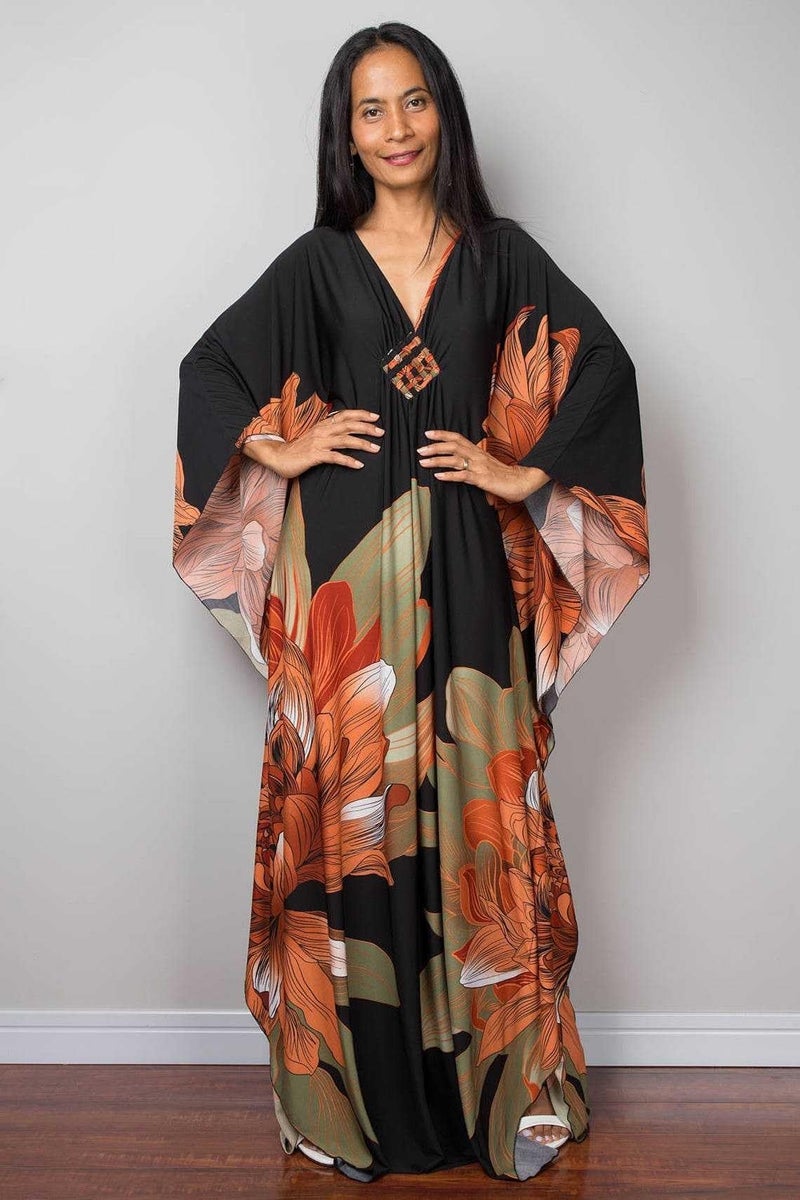 RanRui floral Kaftan Dresses for Women Plus size Beach cover up Caftans Silk kaftans wave neck Batwing sleeve Mrs Roper costume oversized Vneck caftans loungewear Moo Moos Mumu Dresses 8693-34 - Image 4