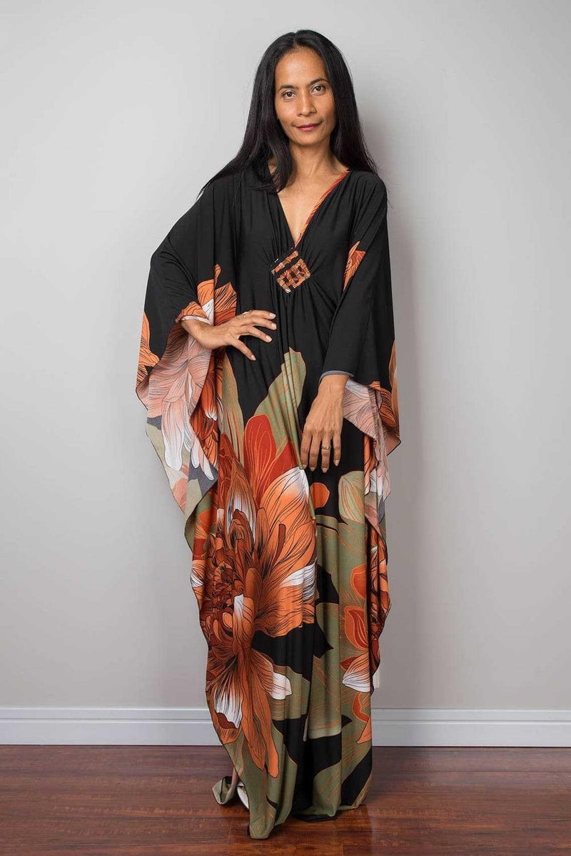 RanRui floral Kaftan Dresses for Women Plus size Beach cover up Caftans Silk kaftans wave neck Batwing sleeve Mrs Roper costume oversized Vneck caftans loungewear Moo Moos Mumu Dresses 8693-34 - Image 3
