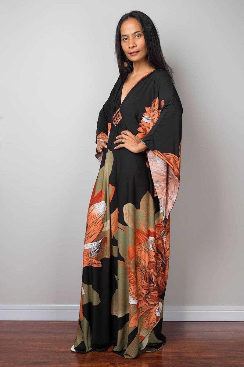 RanRui floral Kaftan Dresses for Women Plus size Beach cover up Caftans Silk kaftans wave neck Batwing sleeve Mrs Roper costume oversized Vneck caftans loungewear Moo Moos Mumu Dresses 8693-34 - Image 5