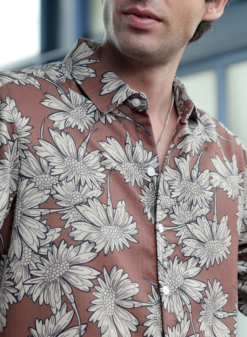 CAHOOT  Men's Mocha Brown Contrast-Sunflower Imprint Shirt for Men | Best Price UAE