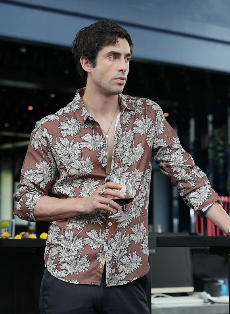 Men's Mocha Brown Contrast-Sunflower Imprint Shirt