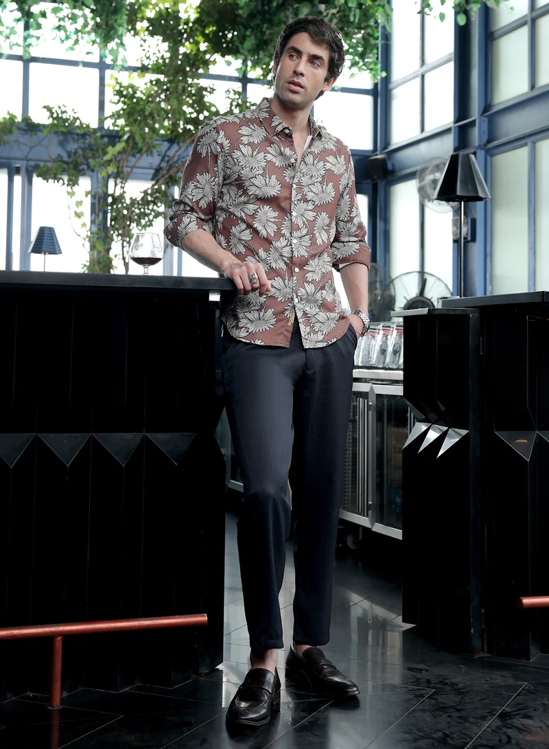 CAHOOT  Men's Mocha Brown Contrast-Sunflower Imprint Shirt for Men | Best Price UAE