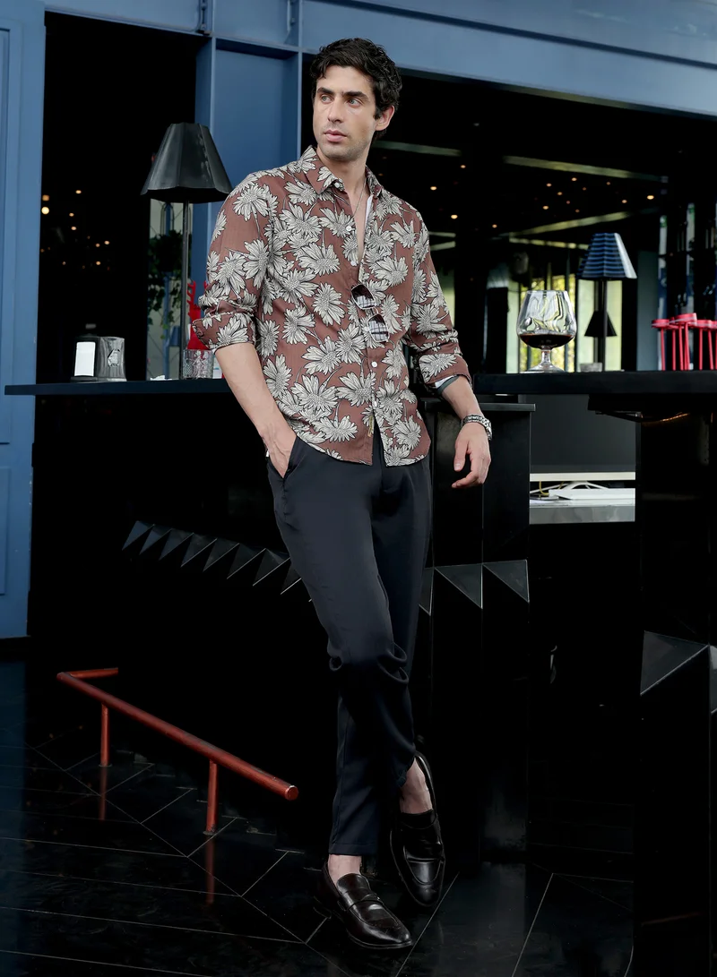 CAHOOT  Men's Mocha Brown Contrast-Sunflower Imprint Shirt for Men | Best Price UAE