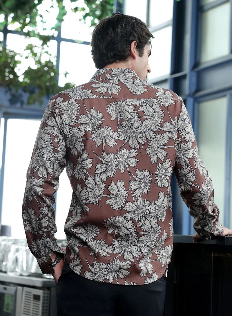CAHOOT  Men's Mocha Brown Contrast-Sunflower Imprint Shirt for Men | Best Price UAE