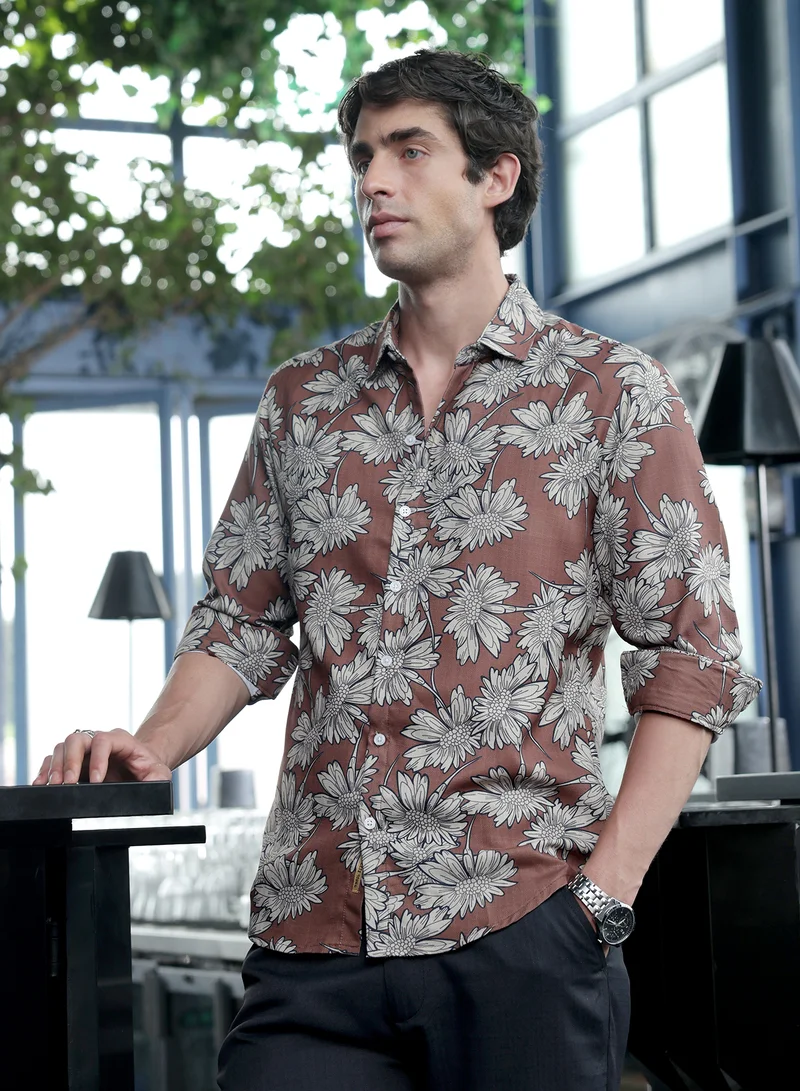 CAHOOT  Men's Mocha Brown Contrast-Sunflower Imprint Shirt for Men | Best Price UAE