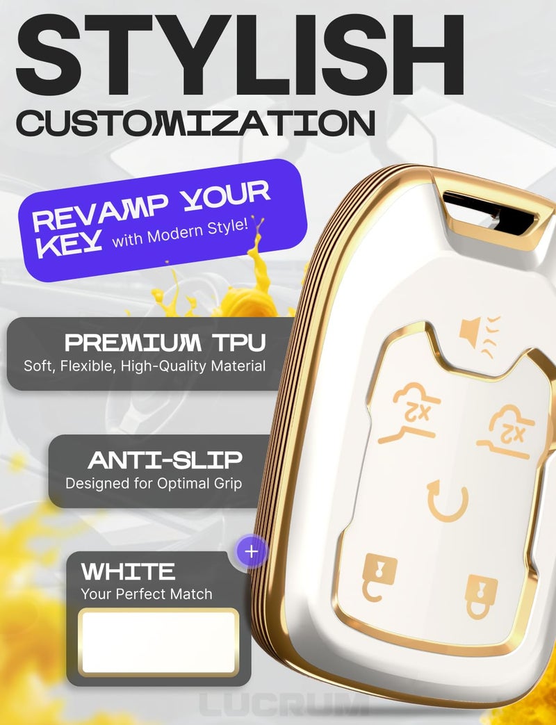 Lucrum Compatible with Chevy & GMC Key Fob Cover & Leather Keychain, 6 Buttons Keyfob Case for Acadia Sierra Silverado Tahoe Terrain Yukon (2014-2023) - White and Gold - Image 3