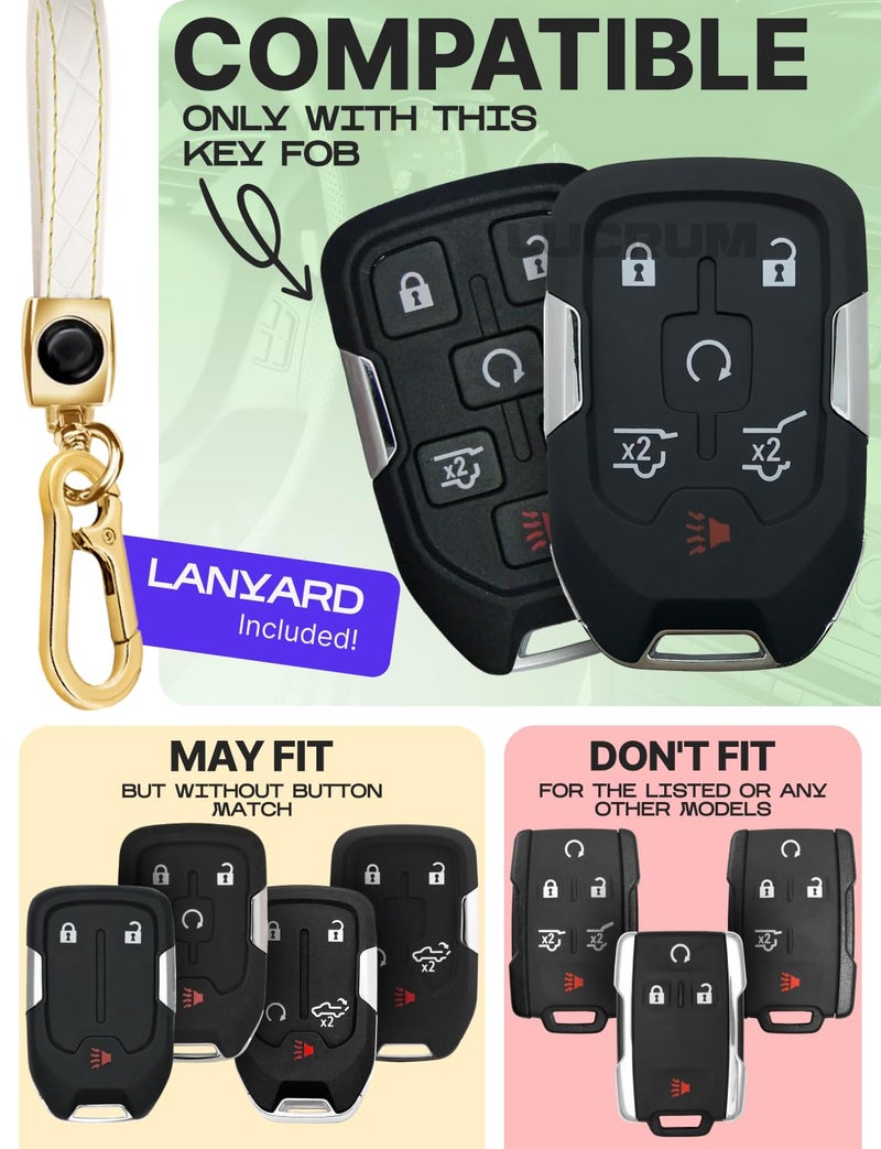Lucrum Compatible with Chevy & GMC Key Fob Cover & Leather Keychain, 6 Buttons Keyfob Case for Acadia Sierra Silverado Tahoe Terrain Yukon (2014-2023) - White and Gold - Image 2
