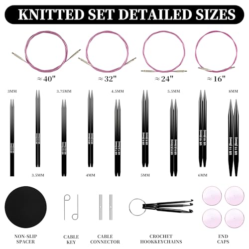 Froggod 453inch 115cm Interchangeable Circular Knitting Needles Set Aluminum US Sizes 25 4 5 6 7 8 9 10 11 with Interchangeable Knitting Needles and Cables Accessories and Case 9 Pairs - Image 3